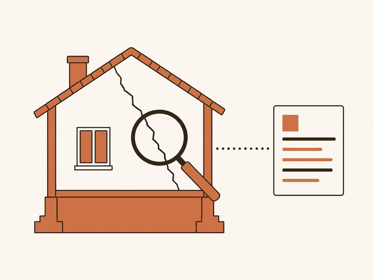 Illustration graphique en aplats de couleur d'une maison fissurée avec un avis d'imposition de taxe foncière et une loupe, symbolisant le contrôle des conditions du dégrèvement