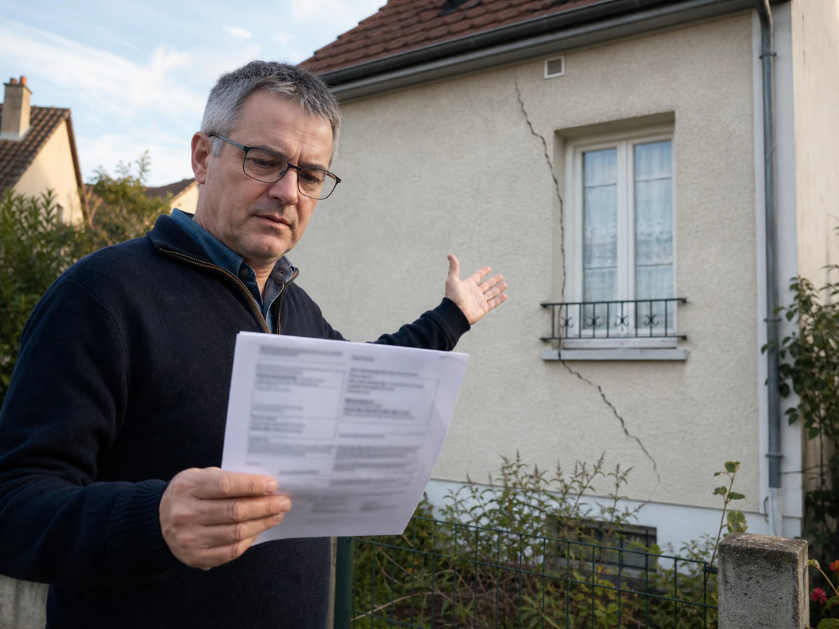 Propriétaire tenant un avis de taxe foncière devant la façade fissurée de son pavillon, expression pensive, fin d'après-midi