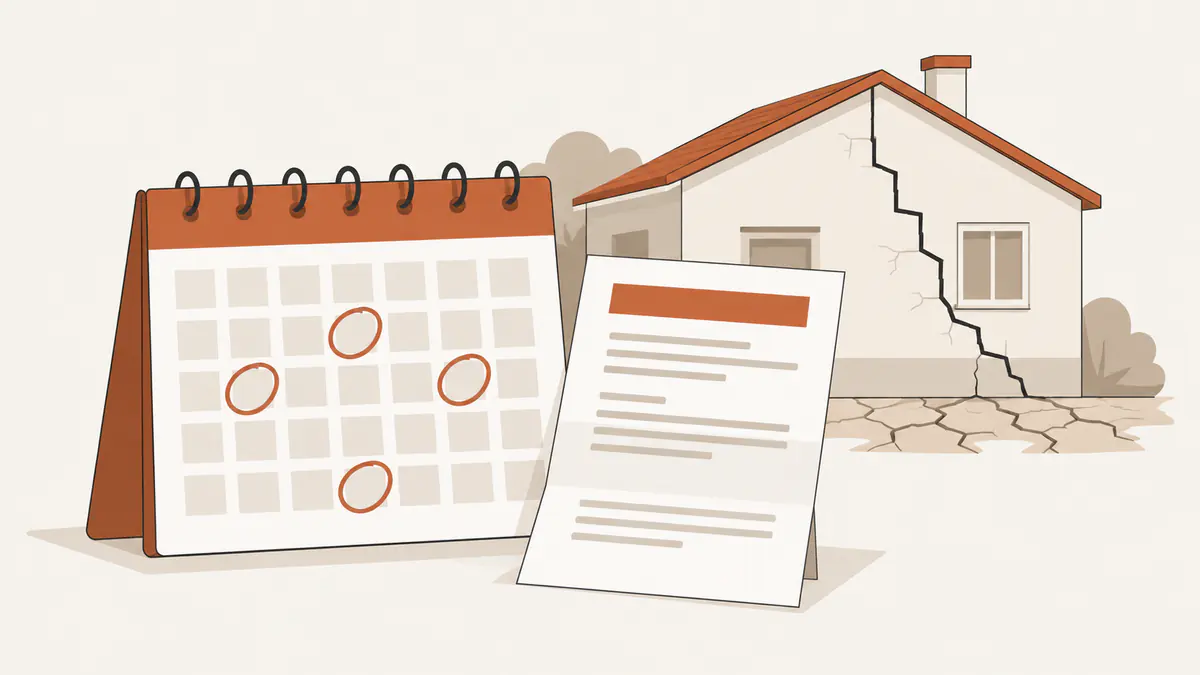 Illustration graphique d'un calendrier mural et d'une page de Journal officiel posés devant une façade de maison marquée par une fissure en escalier