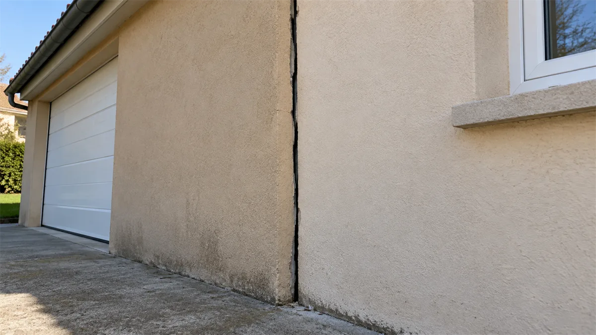 Fissure verticale à la jonction entre le mur d'un garage accolé et la façade de la maison