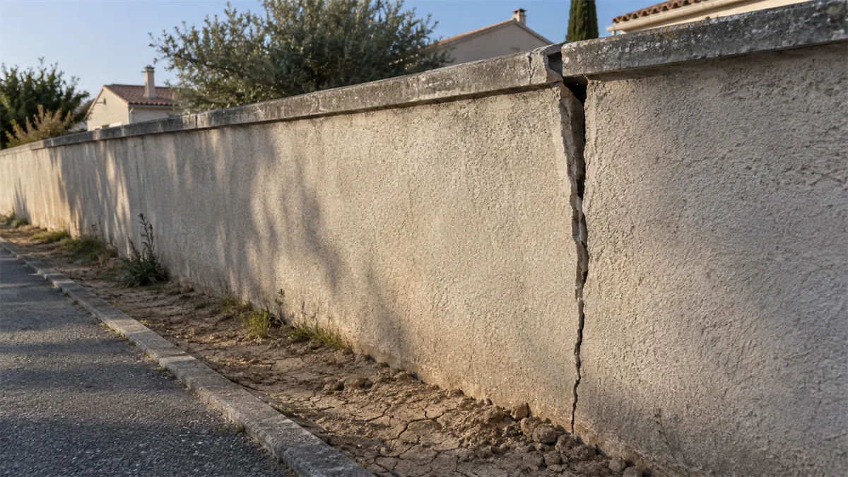 Mur de clôture maçonné présentant une large fissure verticale et un léger basculement