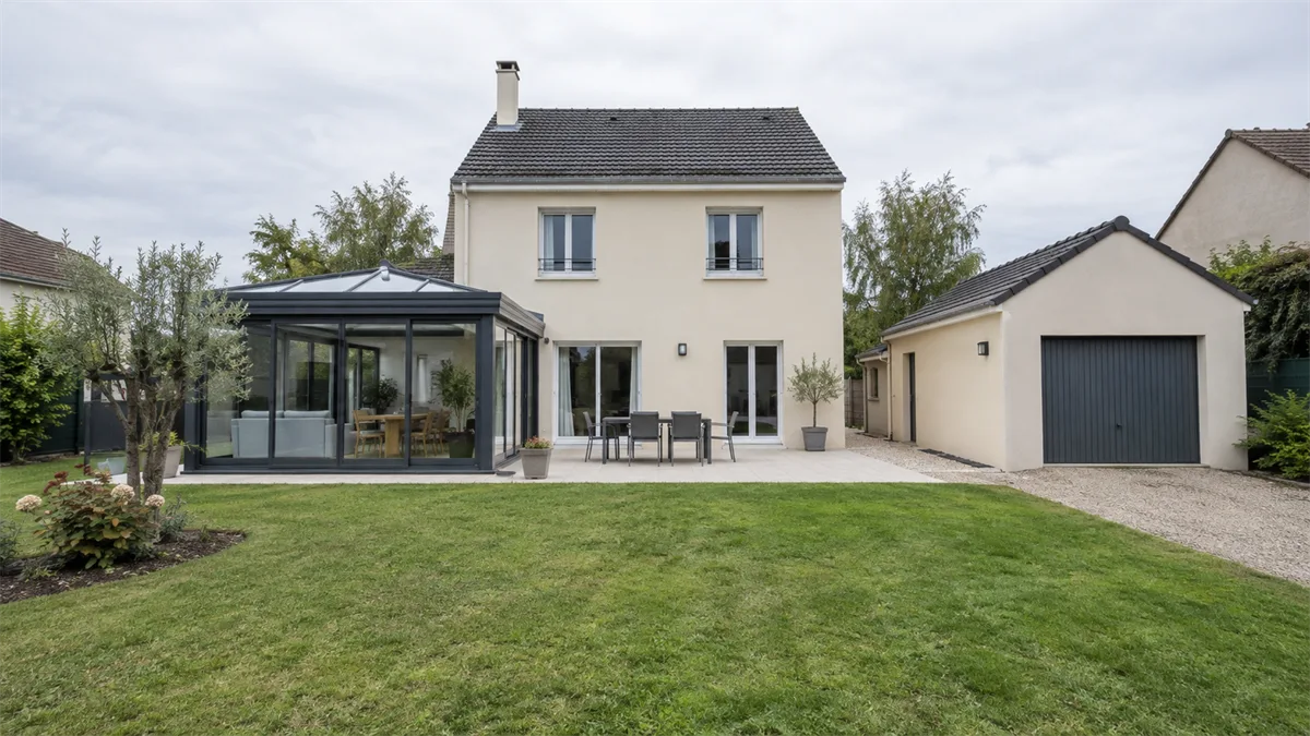 Maison individuelle avec véranda et garage accolé, vue depuis le jardin d'une parcelle pavillonnaire