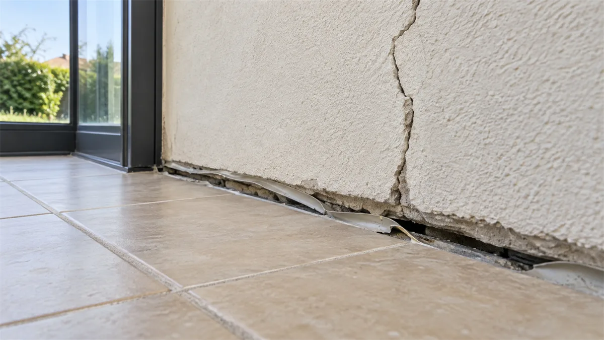 Fissure et décollement entre la dalle d'une véranda et le mur de la maison à laquelle elle est adossée