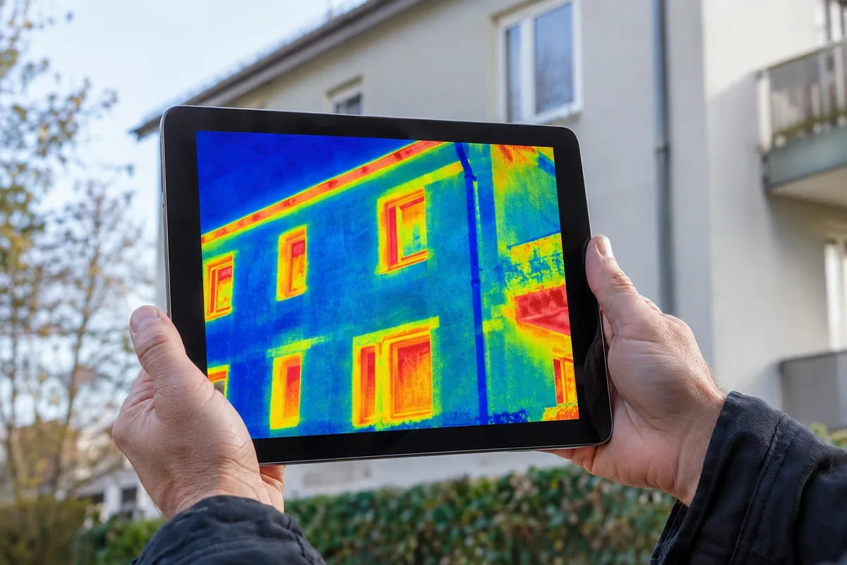 Mains tenant une tablette affichant une image thermique colorée du bleu au rouge d'une façade de bâtiment