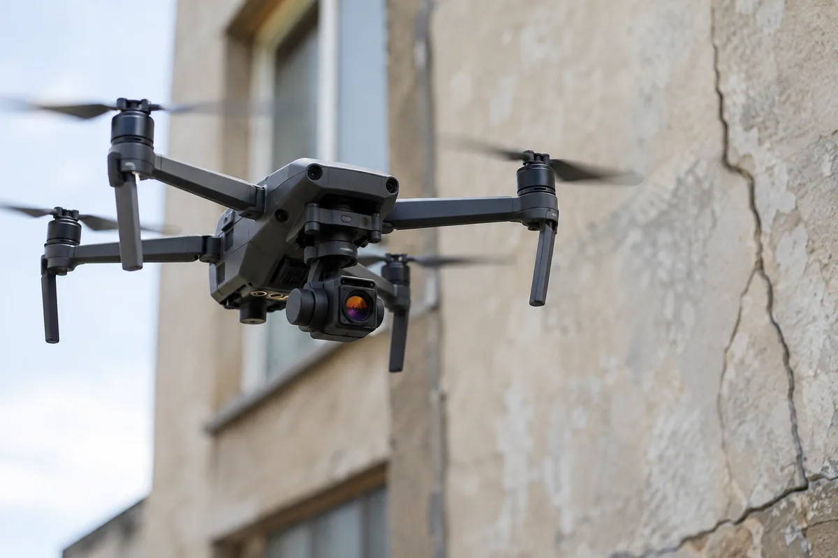 Drone quadricoptère en vol stationnaire près d'une façade fissurée, mise au point sur l'appareil