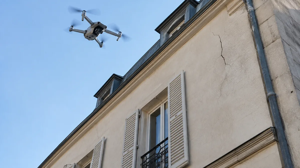 Drone quadricoptère en vol stationnaire près d'une façade francilienne fissurée en hauteur, ciel dégagé, aucune personne dans le cadre