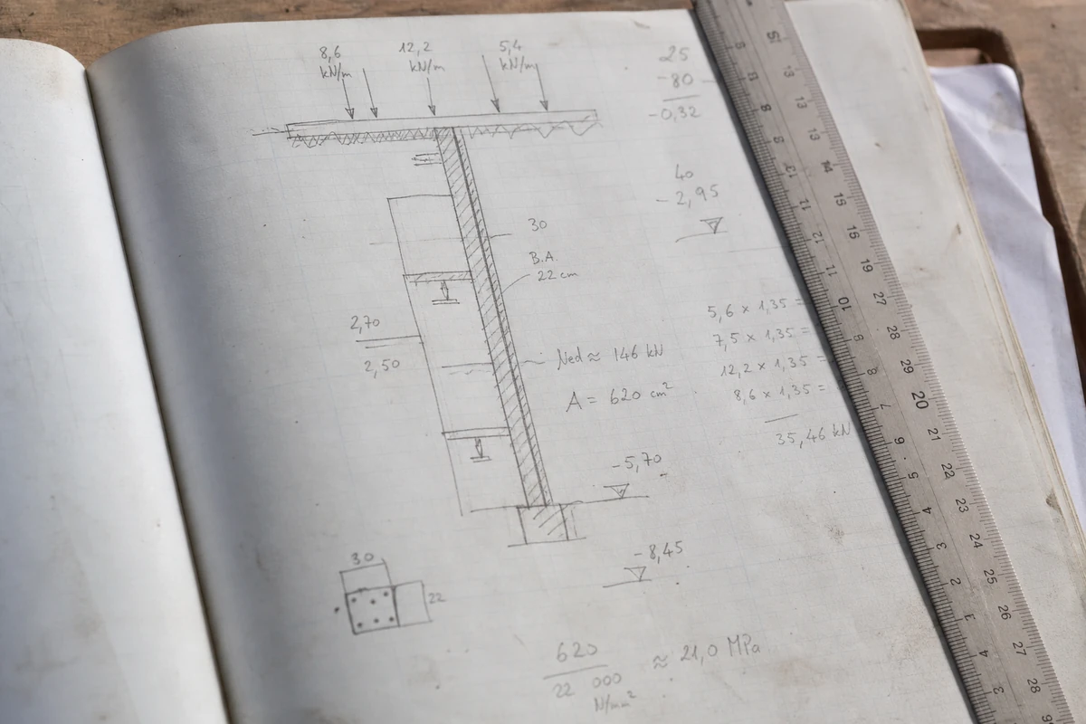 Carnet de calculs d'un ingénieur structure annoté de schémas de descente de charges pour l'évaluation d'un mur porteur fissuré