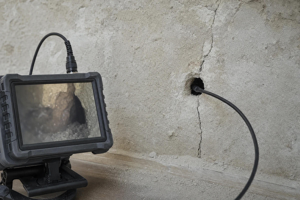 Caméra endoscopique introduite dans un sondage pour inspecter l'intérieur d'un mur porteur fissuré