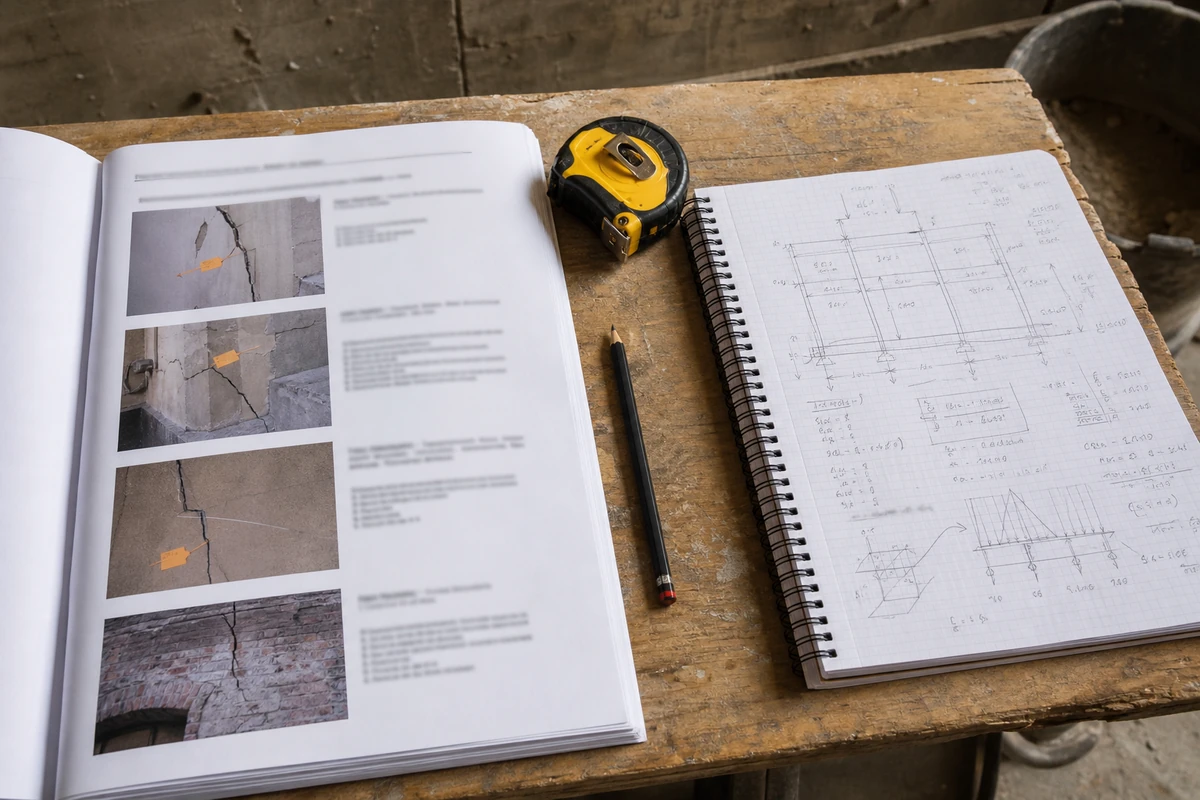 Face à face entre un rapport de diagnostic fissure et un carnet de calculs d'ingénieur structure, posés sur une table de chantier