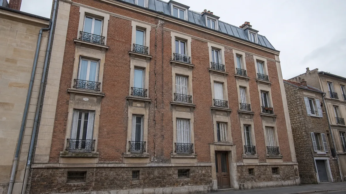 Façade d'immeuble ancien en brique et pierre dans une rue francilienne, fissure verticale visible entre deux rangées de fenêtres, aucune personne dans le cadre