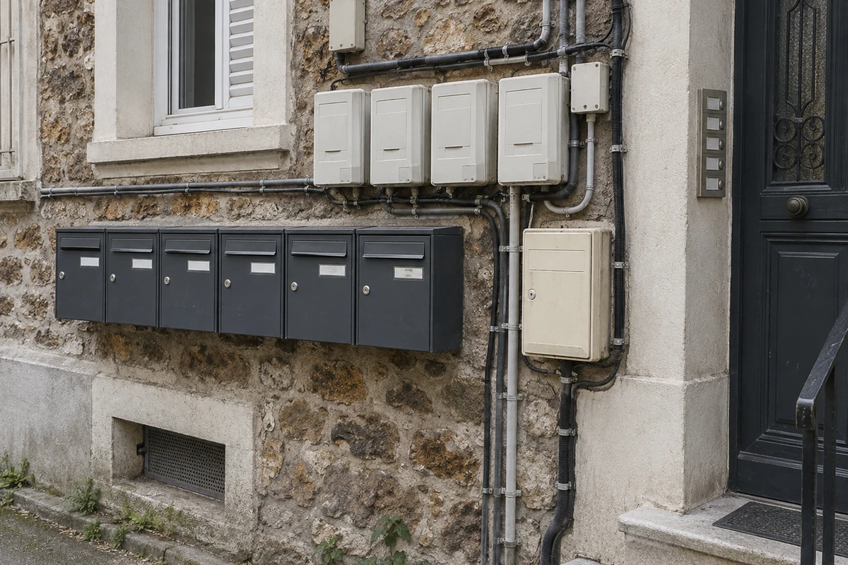 Façade d'un pavillon ancien de banlieue parisienne portant six boîtes aux lettres et un alignement de compteurs électriques ajoutés en applique, sonnettes multiples, aucune personne dans le cadre