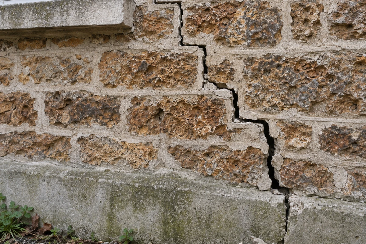 Fissure en escalier suivant les joints de moellons sur la façade en meulière d'un pavillon francilien, ouverture croissante vers le bas, aucune personne dans le cadre
