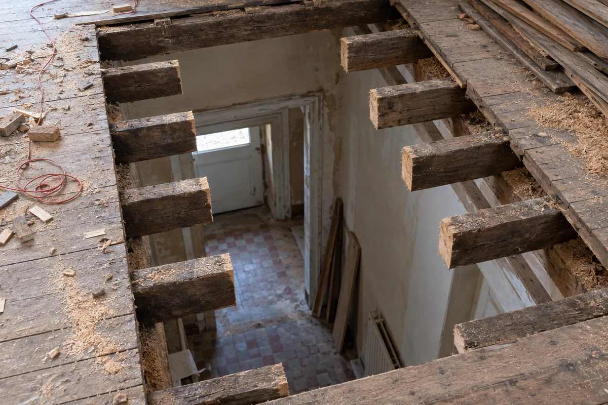 Trémie rectangulaire fraîchement découpée dans un plancher bois de pavillon ancien, solives sectionnées visibles en bordure de coupe, aucun chevêtre posé, chantier vide