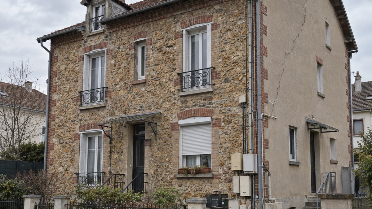 Pavillon de meulière de banlieue parisienne transformé en plusieurs logements, boîtes aux lettres alignées et compteurs ajoutés en façade, fissure visible sur le mur pignon, aucune personne dans le cadre