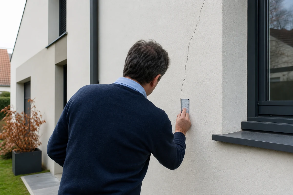 Expert examinant une fissure de façade sur une maison récente dans le cadre d'une expertise dommage-ouvrage