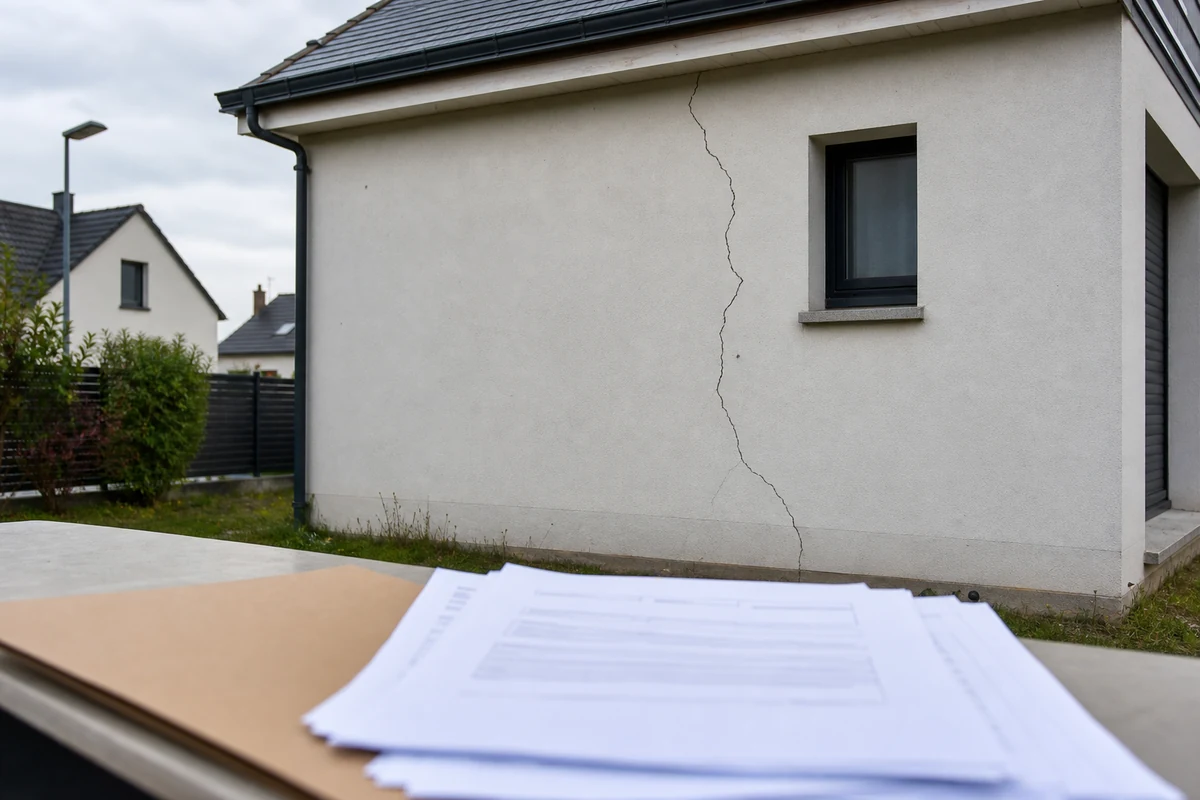 Dossier de documents d'assurance au premier plan devant la façade fissurée d'une maison individuelle récente