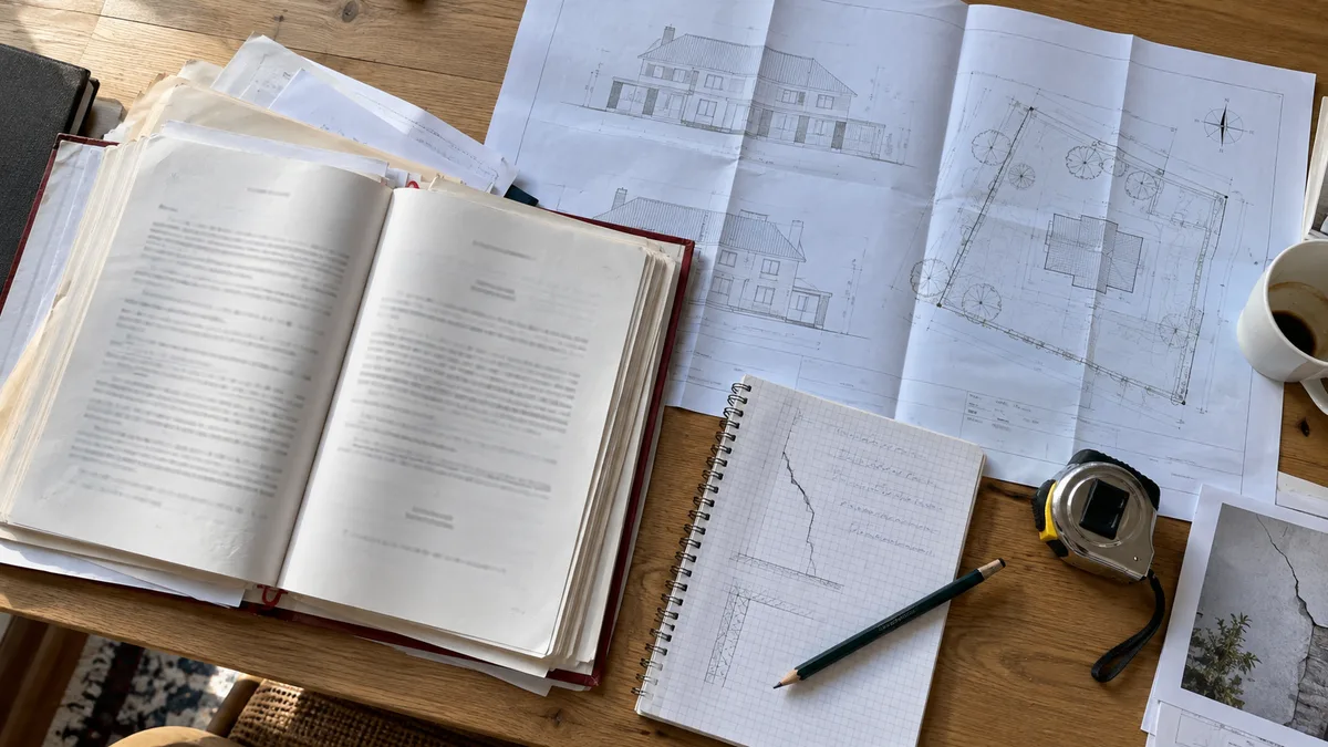 Table de travail avec acte de vente notarié ouvert, plans de permis de construire pliés, relevé de fissures annoté et mètre ruban posés côte à côte, aucune personne dans le cadre