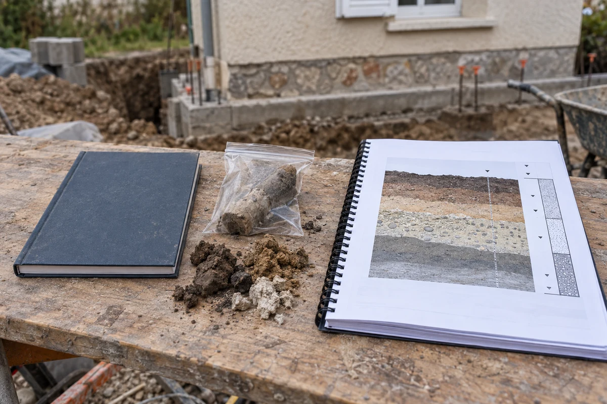 Un fascicule DTU fermé et un rapport géotechnique ouvert sur une coupe de sol sont séparés par des échantillons de terre sur une table de chantier.