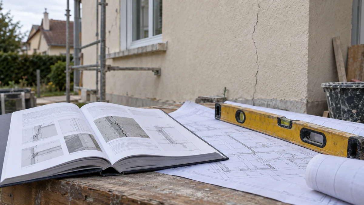 Fascicule technique ouvert, plans d'exécution et niveau à bulle posés sur un établi devant la façade fissurée d'un pavillon francilien en travaux