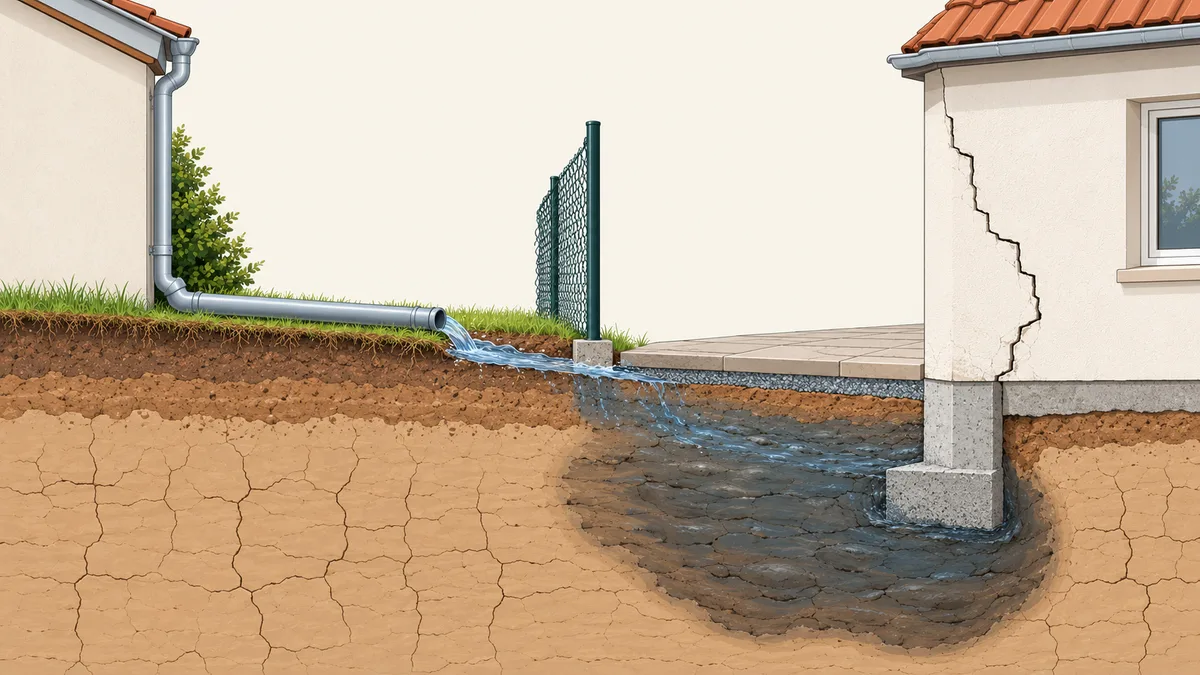 Illustration technique en coupe : la descente de gouttière d'un pavillon déverse l'eau au pied d'une clôture, l'eau s'infiltre dans le sol argileux et forme une zone détrempée sous l'angle de la fondation de la maison voisine, dont le mur présente une fissure