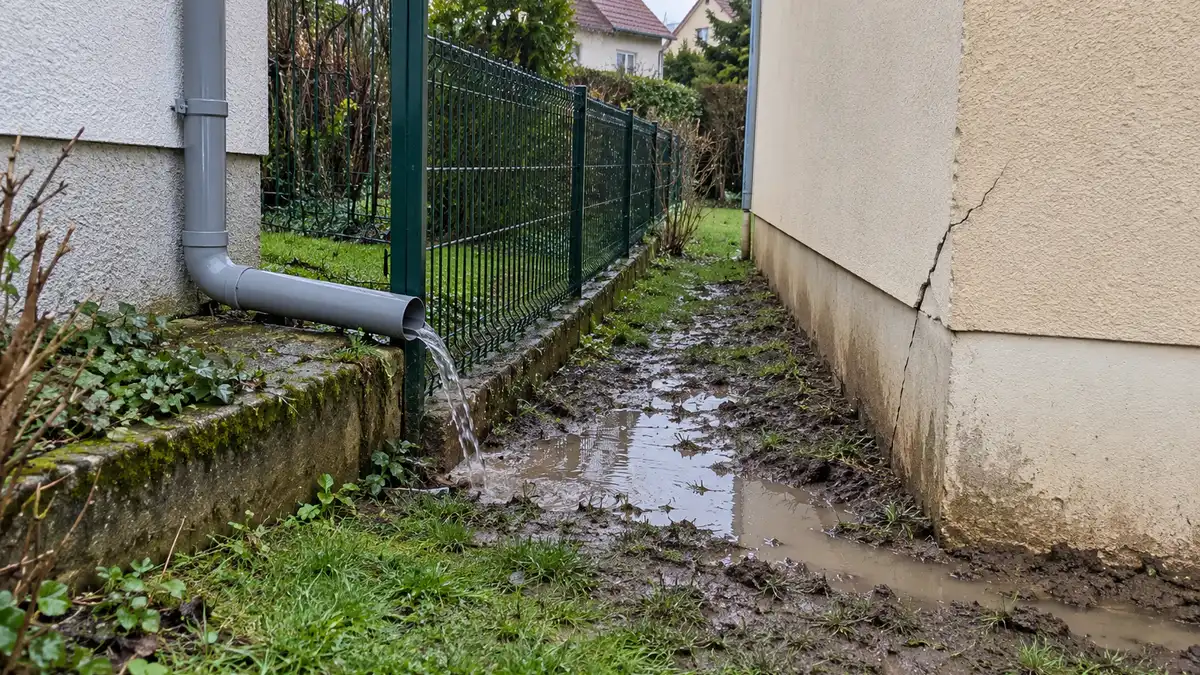 Après une averse, la descente de gouttière d’un pavillon voisin déverse l’eau au pied d’une clôture, et une flaque longe le soubassement fissuré de la maison d’à côté