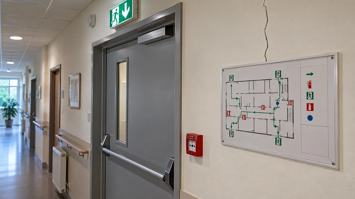 Plan d'évacuation ERP affiché sur un mur près d'une issue de secours, fissure verticale nette visible sur le mur juste au-dessus, aucune personne dans le cadre