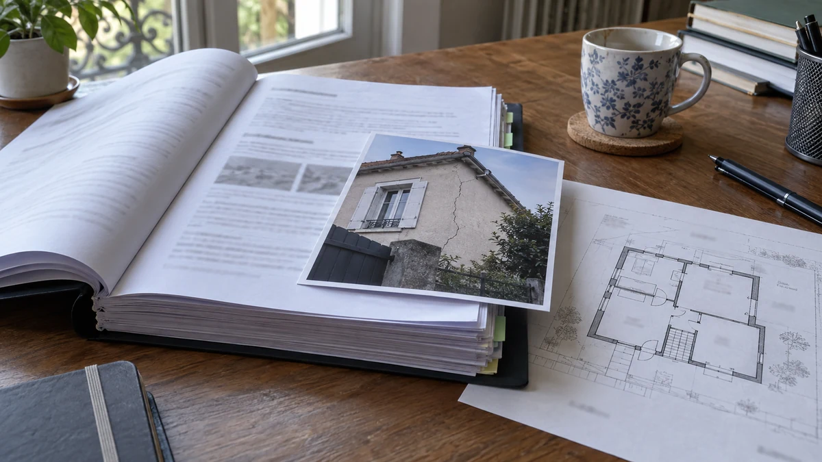 Cahier des conditions de vente ouvert sur un bureau à côté du plan d'une maison, fissure visible sur une photo agrafée au dossier, aucune personne dans le cadre