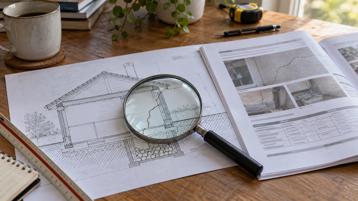 Loupe posée sur le plan en coupe d'une maison fissurée, rapport d'expertise ouvert à côté sur le bureau, aucune personne dans le cadre
