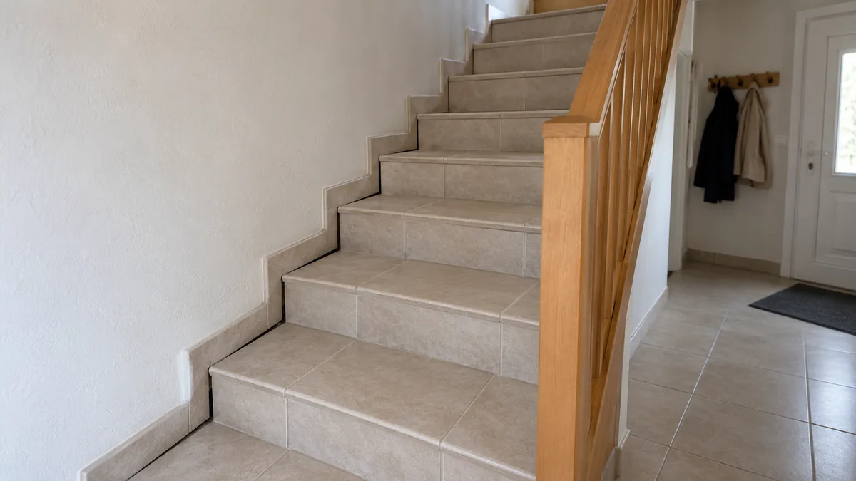 Escalier droit en béton carrelé dans l'entrée d'un pavillon : le long du mur blanc, une ligne d'ombre s'ouvre sous la plinthe rampante, presque invisible en haut et large d'environ un centimètre à la première marche