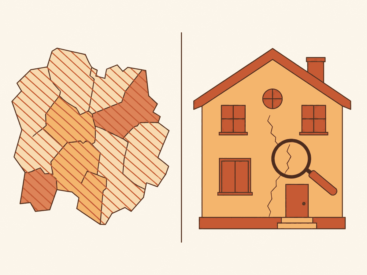 Illustration graphique en aplats de couleur d'une carte communale de zonage RGA à côté d'une maison avec une loupe sur ses fissures, symbolisant la différence entre l'État des Risques et un diagnostic sur site
