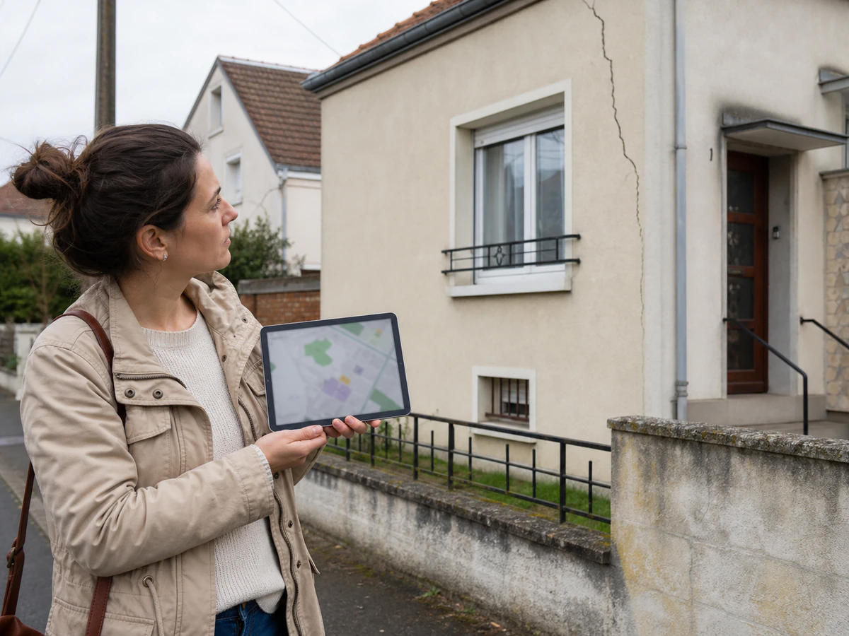 Future acquéreuse comparant une carte de risques sur tablette avec la façade fissurée du pavillon qu'elle visite, expression dubitative, jour couvert