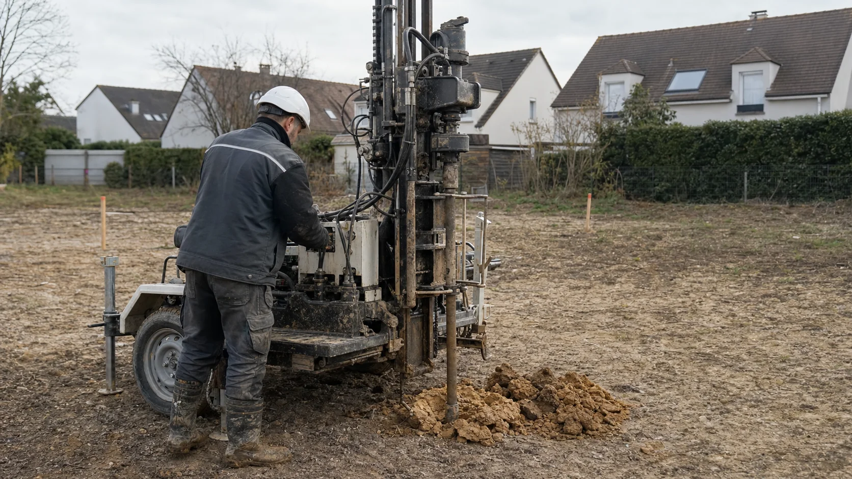 Un technicien géotechnicien réalise un sondage de sol à la foreuse sur un terrain à bâtir en Île-de-France