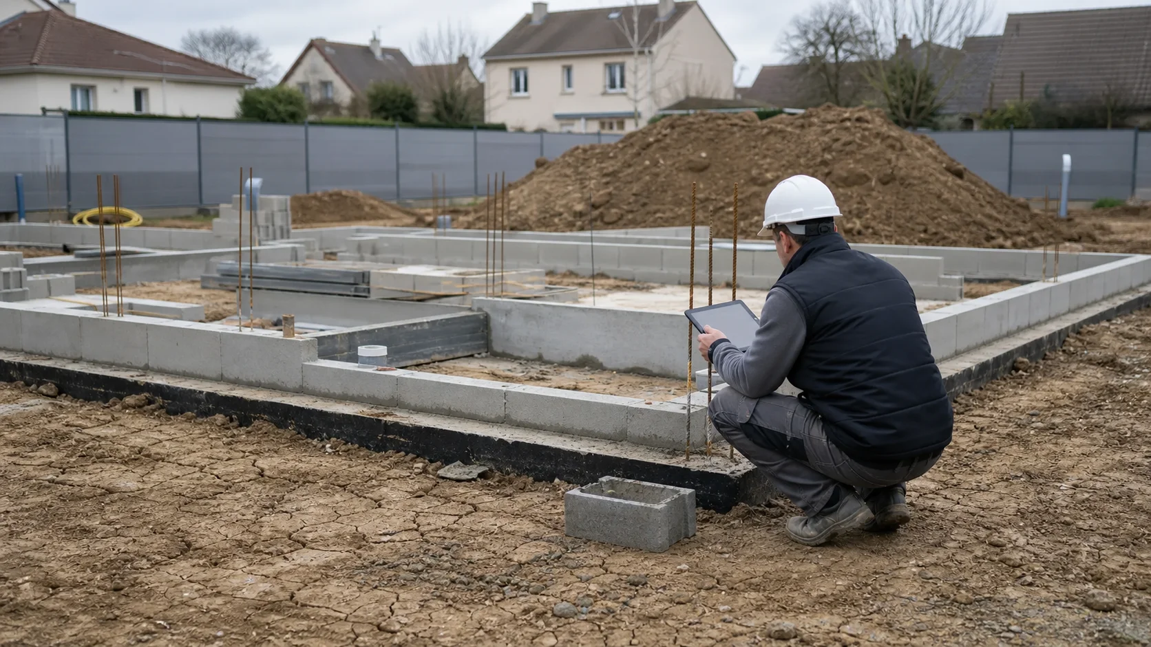 Un expert bâtiment examine une carcasse de maison en construction en zone argileuse d'Île-de-France
