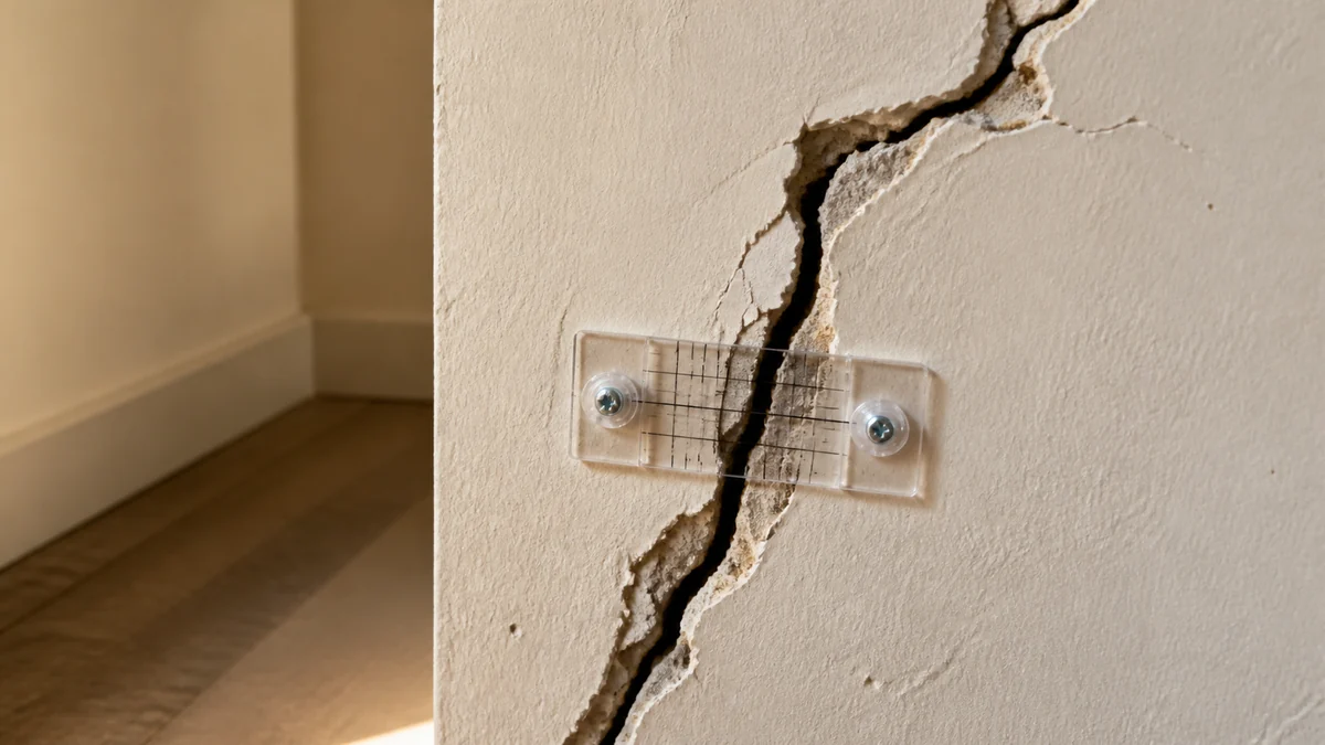 Fissure structurelle profonde et traversante sur un mur porteur intérieur, équipée d'un fissuromètre à grille posé en travers pour surveiller son évolution