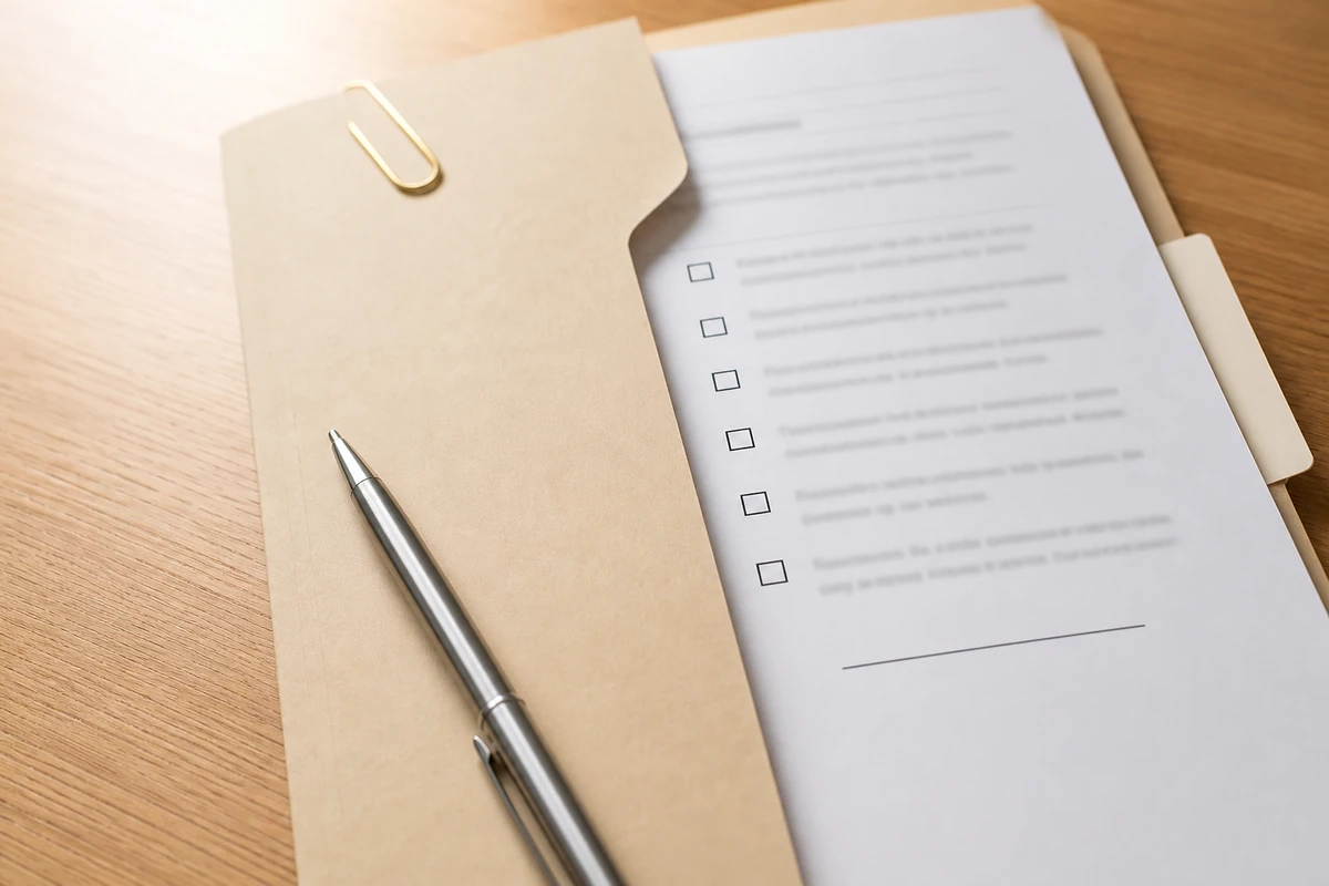 Gros plan sur un dossier de candidature administratif ouvert avec un formulaire à cases à cocher, un trombone doré et une ligne de signature, posé sur un bureau en bois