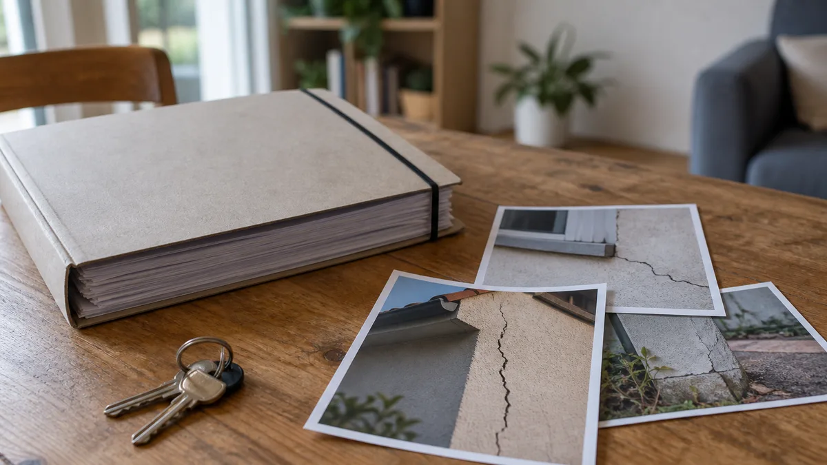Dossier de diagnostics techniques immobiliers posé sur une table à côté de photos de fissures de façade, clés de maison visibles, aucune personne dans le cadre
