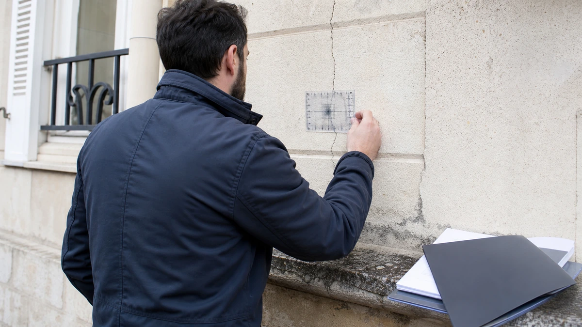 Un ingénieur bâtiment examine une fissure de façade avec une jauge de mesure, dossier de qualification professionnelle et attestation d'assurance posés sur un support à côté de lui