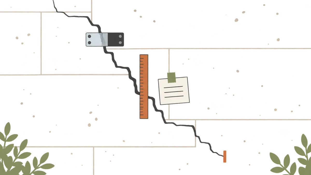 Illustration graphique d'une fissure en escalier sur un mur de briques enduit, avec une réglette graduée posée à côté, une carte indiquant la date et un repère au crayon marquant l'extrémité de la fissure