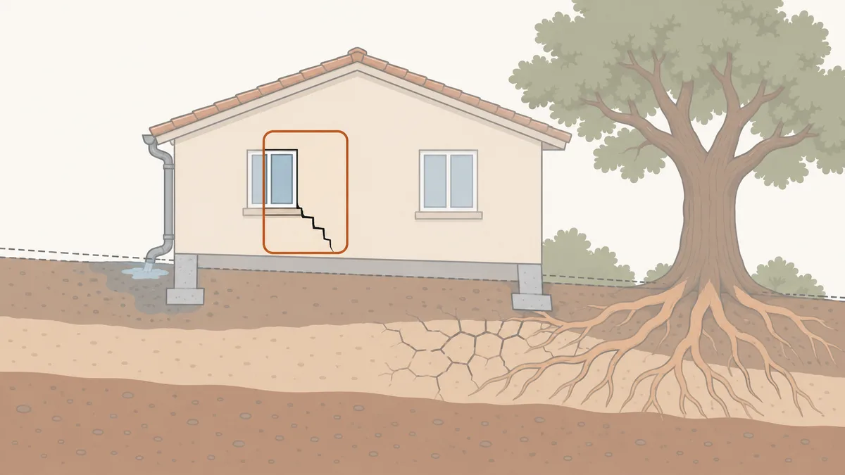 Illustration graphique en aplats d'une maison fissurée vue en coupe : un grand arbre proche dont les racines s'étendent sous la fondation, une gouttière qui rejette au pied du mur, un terrain en pente et une couche d'argile rétractée, avec un petit rectangle clair qui montre la seule zone qu'un téléphone aurait filmée