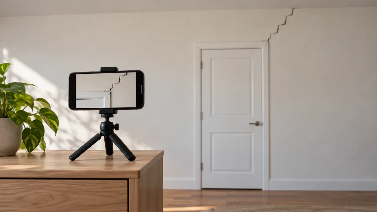 Smartphone fixé sur un petit trépied posé sur une commode, dont l'écran filme en direct une fissure en escalier qui part de l'angle d'une porte sur le mur d'en face