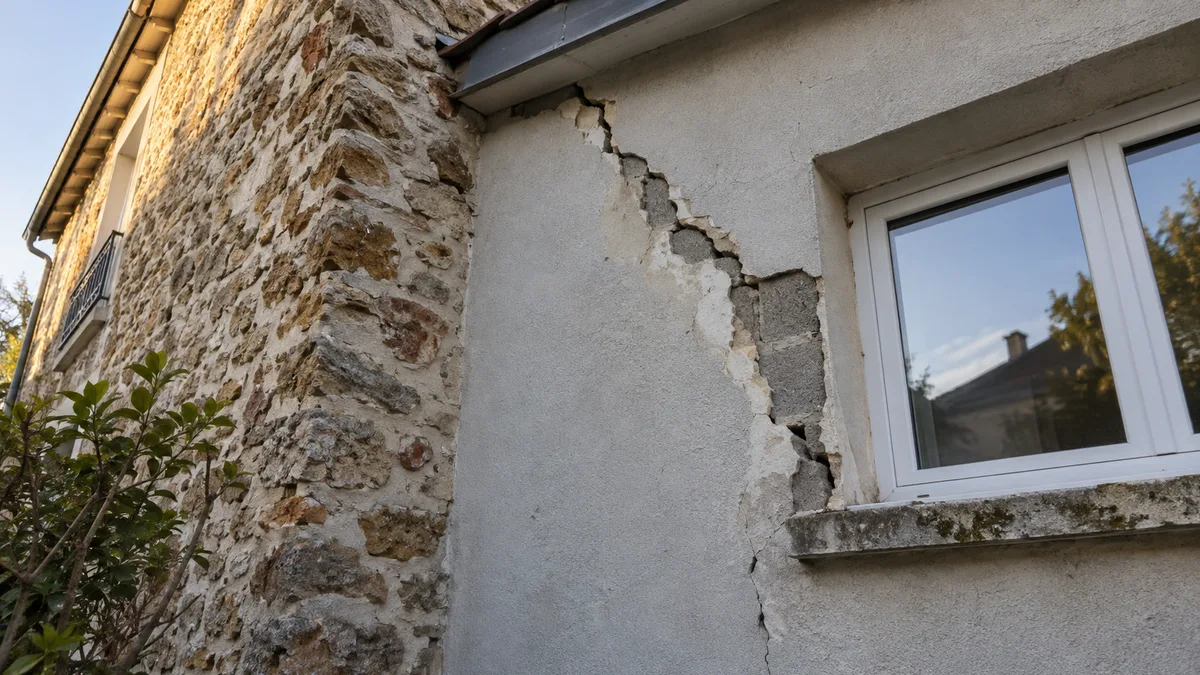 Angle de liaison entre une maison ancienne en meulière et une extension en parpaing enduit, fissure oblique ouverte partant de l'appui de fenêtre et remontant vers la toiture, aucune personne dans le cadre