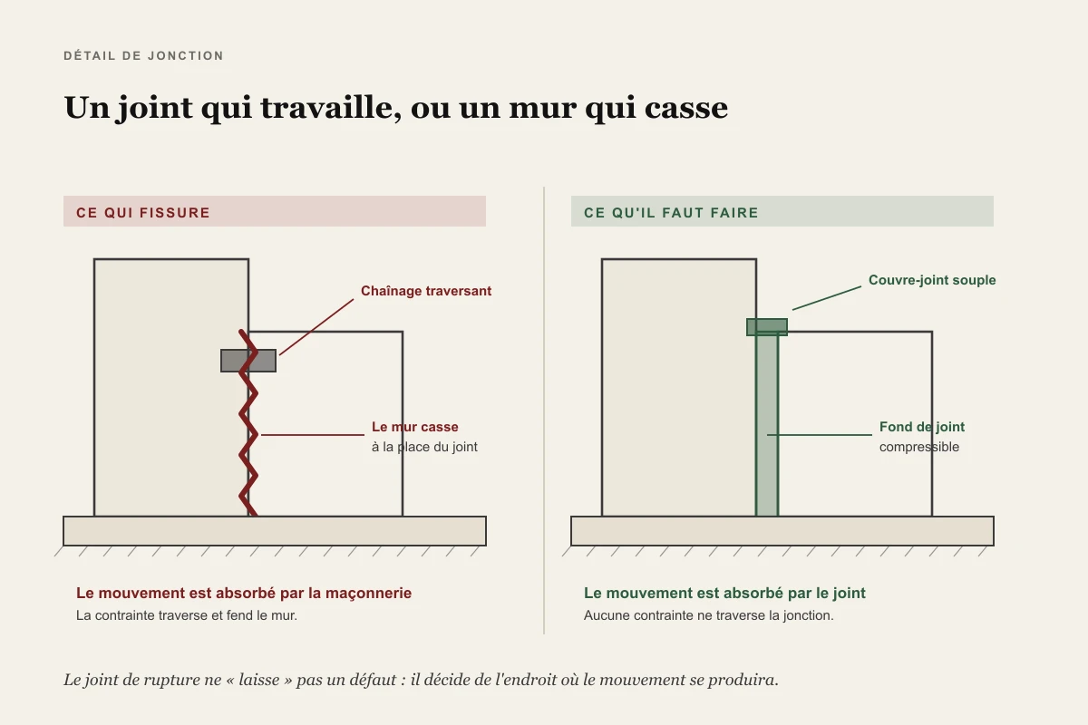 Comparaison de deux détails de jonction en coupe : à gauche un chaînage traversant qui fait casser la maçonnerie à la place du joint, à droite un joint de rupture continu avec fond de joint compressible et couvre-joint souple