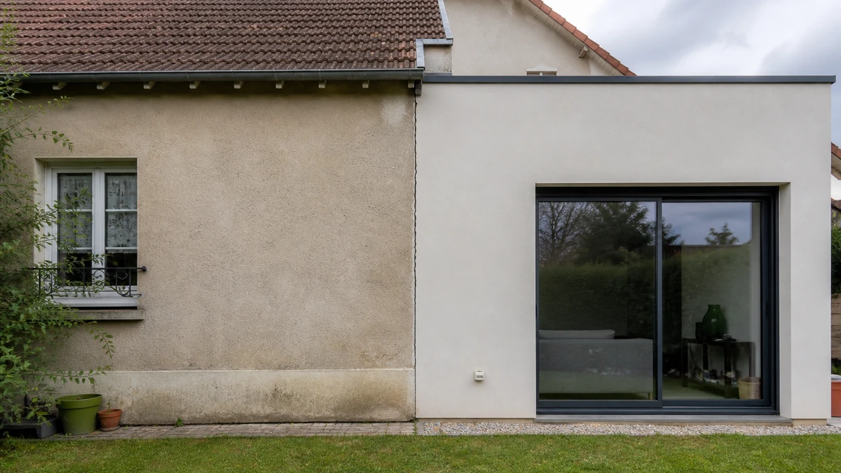 Façade arrière d'une maison où l'enduit gratté de la partie ancienne rejoint l'enduit lisse d'une extension neuve, une fissure verticale continue courant du haut jusqu'en bas du raccord