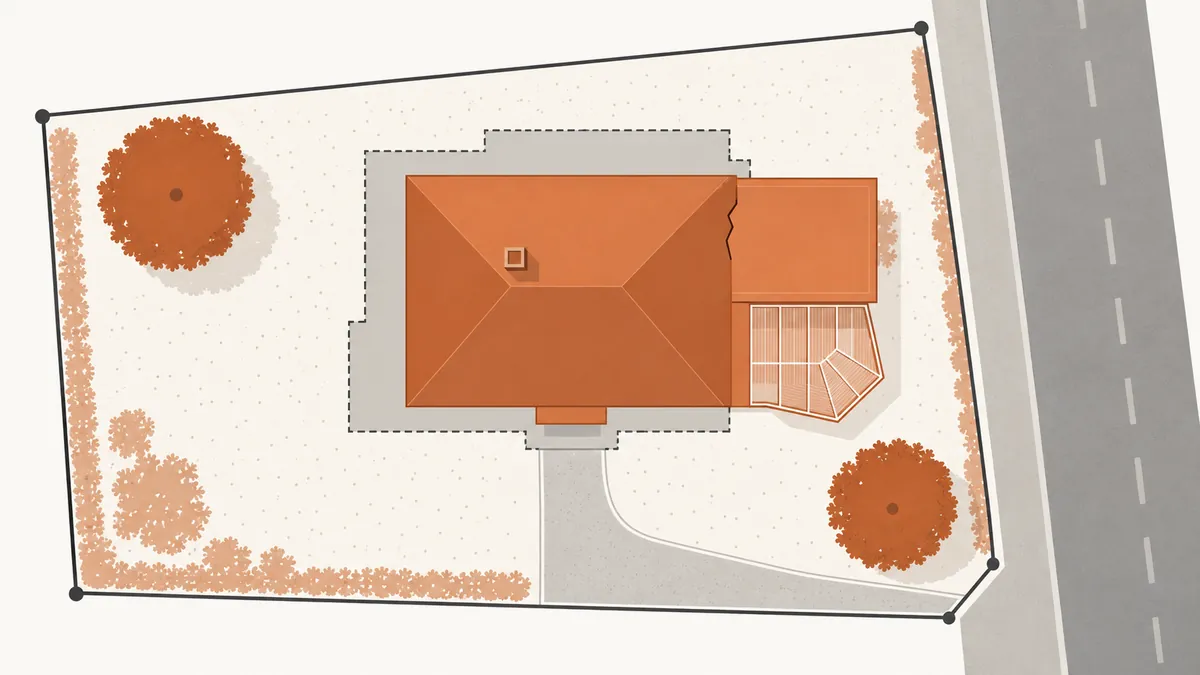 Illustration graphique vue du ciel : la silhouette d'une maison telle qu'enregistrée au cadastre, en trait fin, et la maison réelle qui déborde de ce contour avec une extension absente des plans