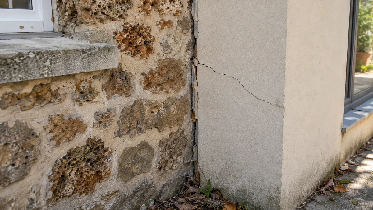 Fissure oblique au raccord entre le mur d'un pavillon en meulière et une extension enduite plus récente, avec décalage visible entre les deux maçonneries