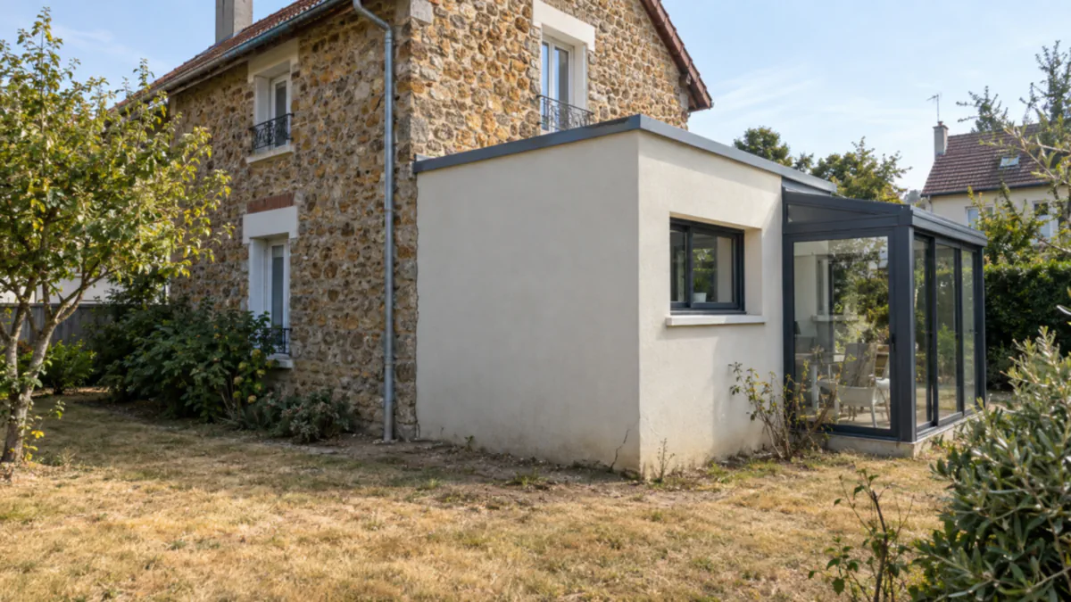 Pavillon en meulière agrandi d'une extension enduite et d'une véranda, fine fissure au pied de l'extension sur une pelouse jaunie après un été sec