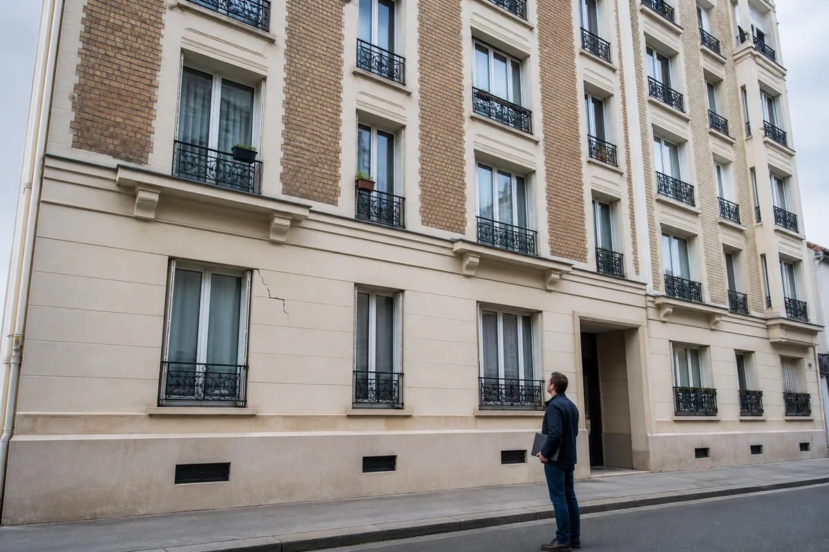 Façade d'un immeuble collectif francilien en copropriété avec une fissure visible, observée à distance par un expert