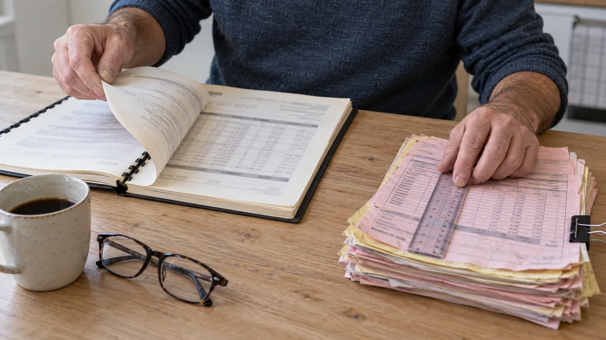 Sur une table, un contrat de construction de maison individuelle jauni, ouvert, à côté d'une liasse de bons de livraison de béton aux coins cornés ; une main pose une règle sur une colonne de chiffres pendant que l'autre tourne une page du contrat