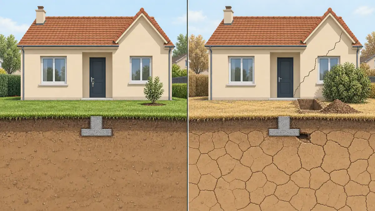 Illustration en deux moitiés d'un même pavillon : à gauche, le jour de la remise des clés, pelouse neuve et façade intacte au-dessus d'une semelle trop mince cachée sous la terre ; à droite, des années plus tard, pelouse grillée, fissure en diagonale sur le pignon et fouille ouverte qui révèle la semelle