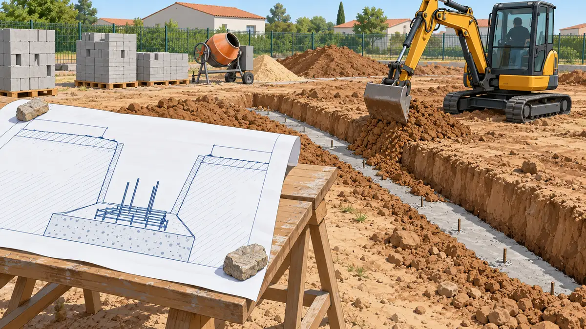 Illustration technique d'un chantier de pavillon : au fond d'une tranchée peu profonde, une semelle de béton fraîchement coulée qu'une mini-pelle commence déjà à recouvrir de terre, tandis que le plan des fondations posé sur un tréteau dessine une tranchée nettement plus profonde